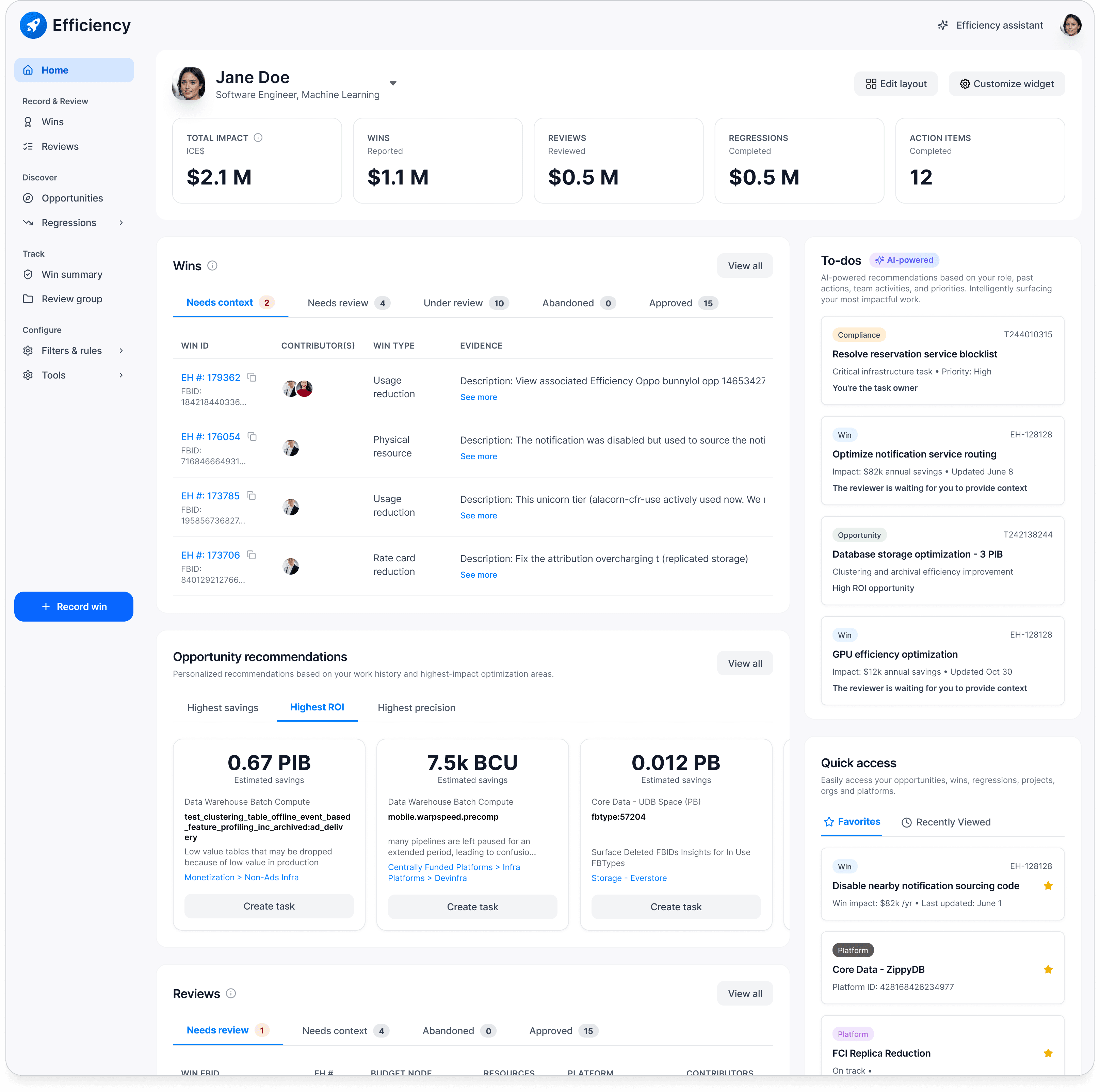 Efficiency homepage configured for an individual engineer — wins tracker and opportunity recommendations front and center