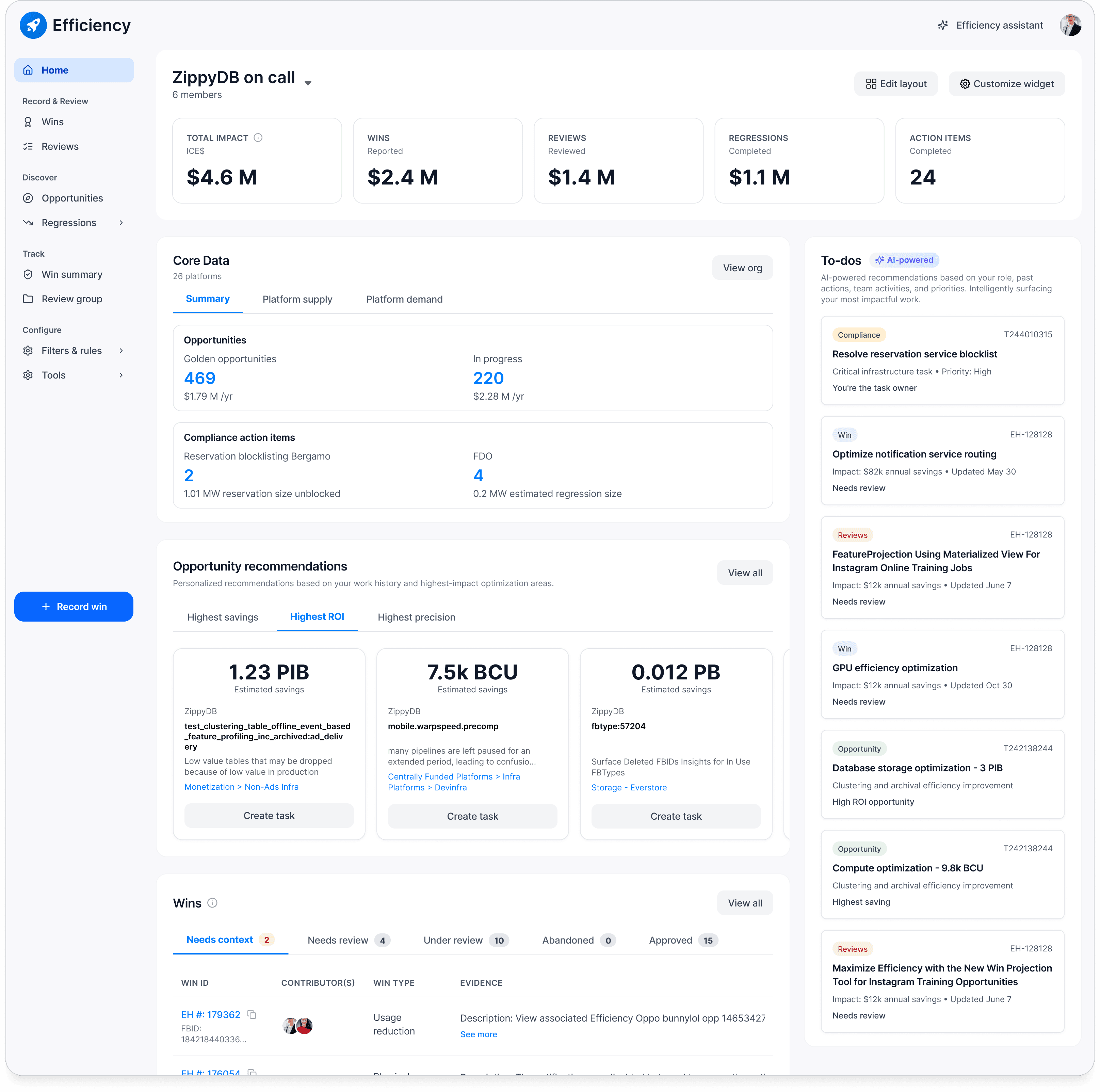 Efficiency homepage configured for a platform on-call group — fleet compliance and core data metrics surface first