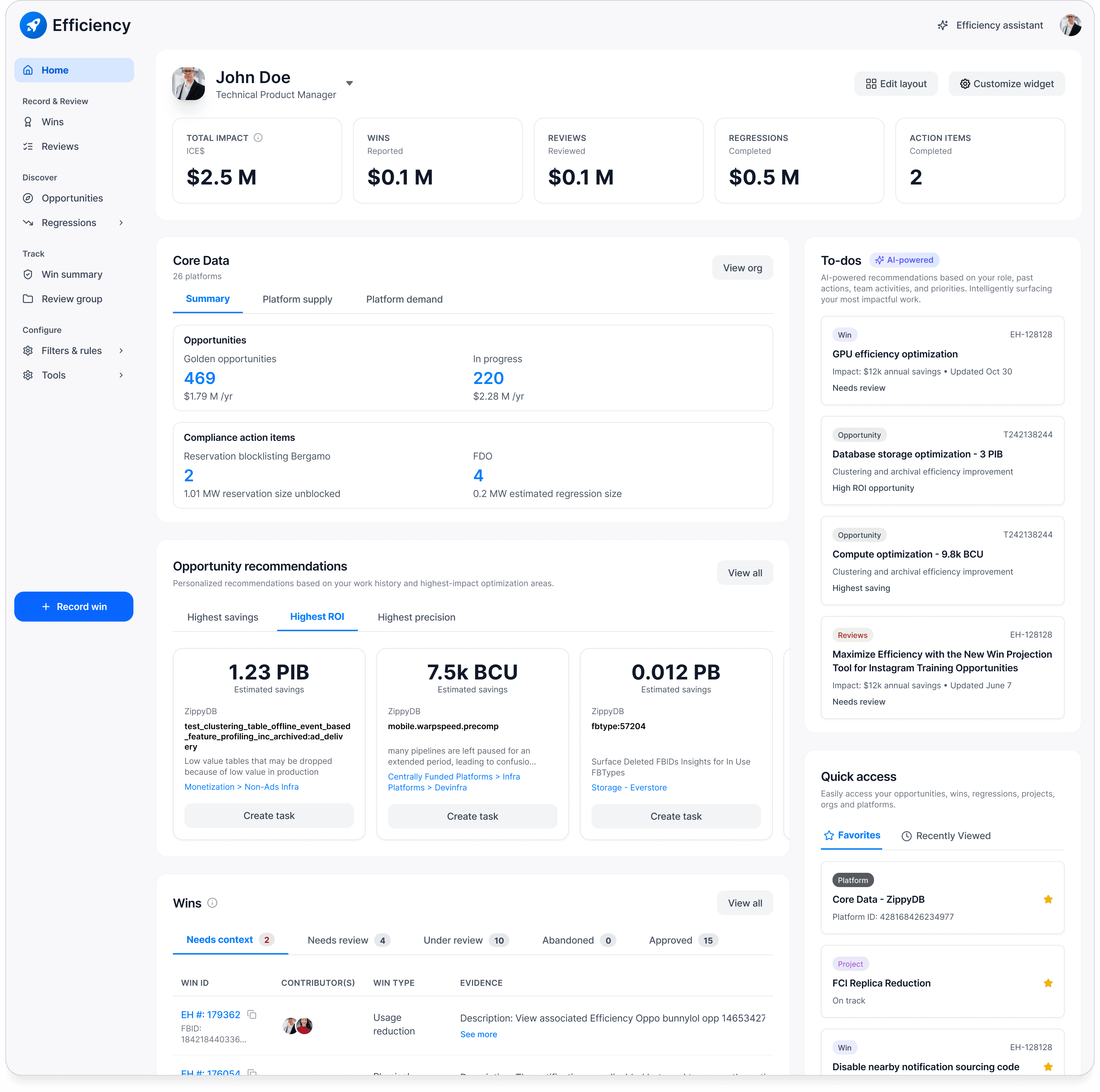 Full Efficiency homepage showing personalized modules including metrics summary, AI-powered to-dos, opportunity recommendations, and wins tracker