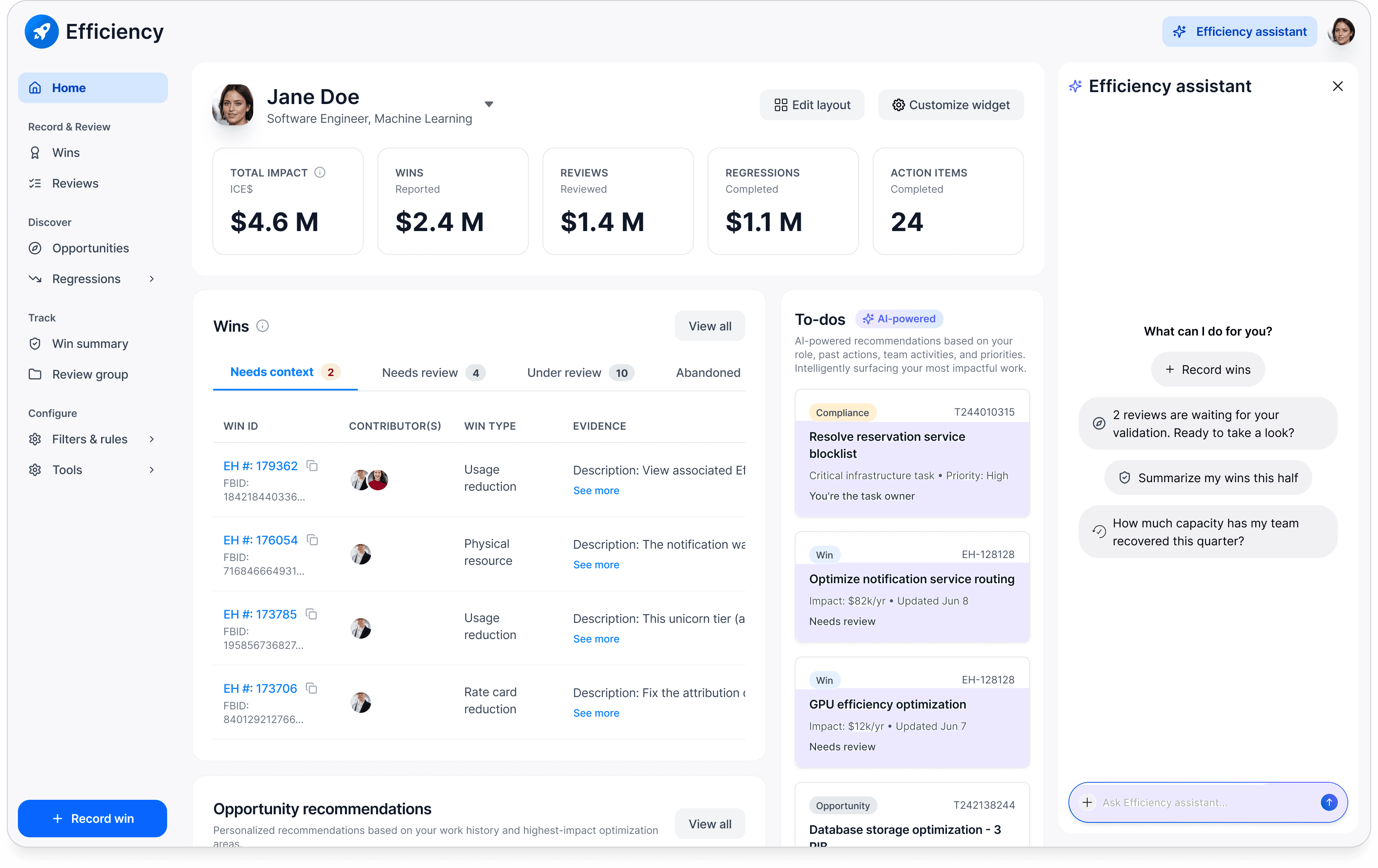 Efficiency homepage showing the personalized modular layout with Efficiency Assistant panel open