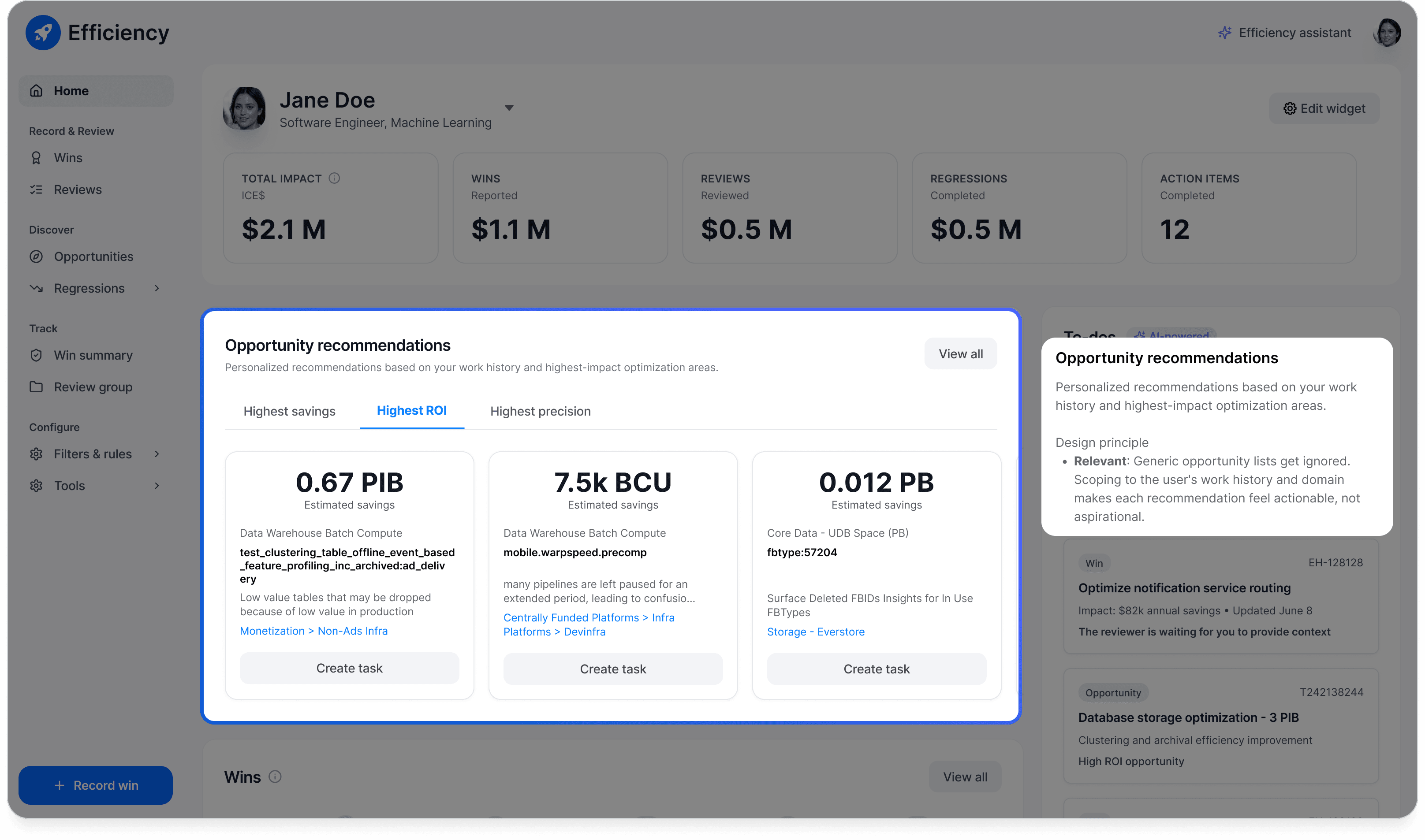 Opportunity recommendations module with annotated Relevant design principle